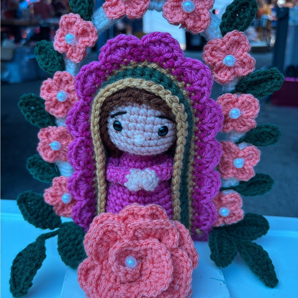 Handcrafted Crochet Virgin Mary Figurine - Pink and Green Virgen de Guadalupe a